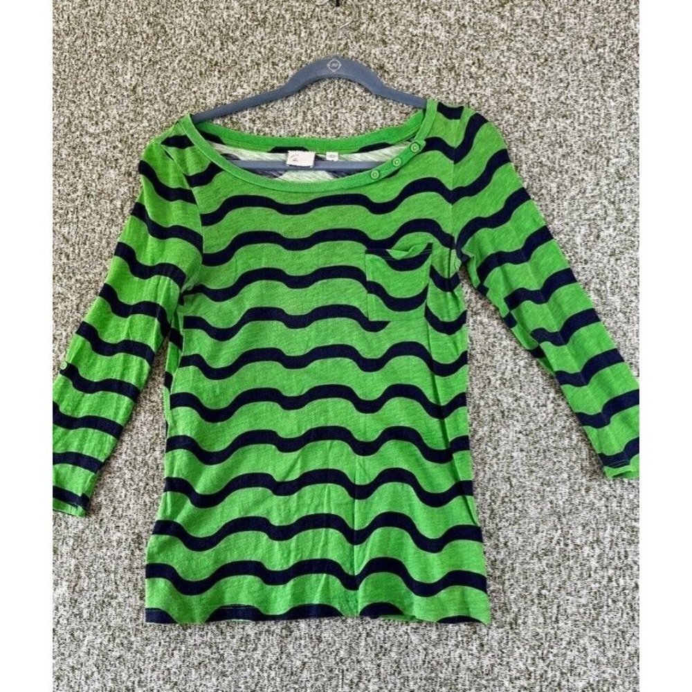 Anthropologie Postmark Womens Tops S Green Wavy Striped Boatneck Rollup Sleeve